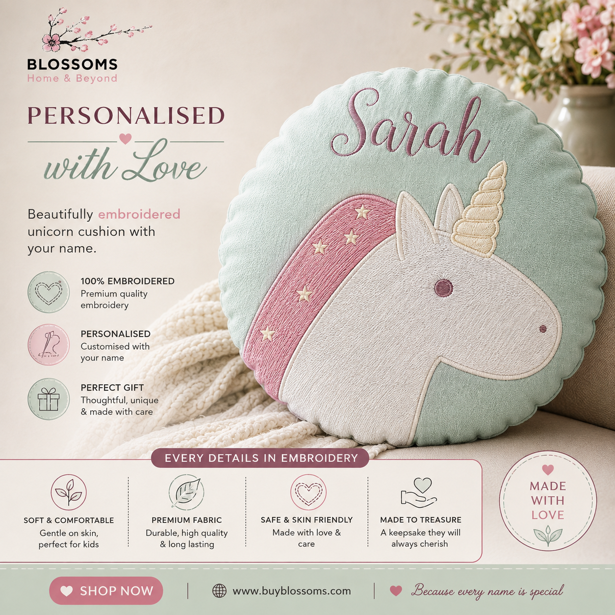 Blossoms kids cushion with filler