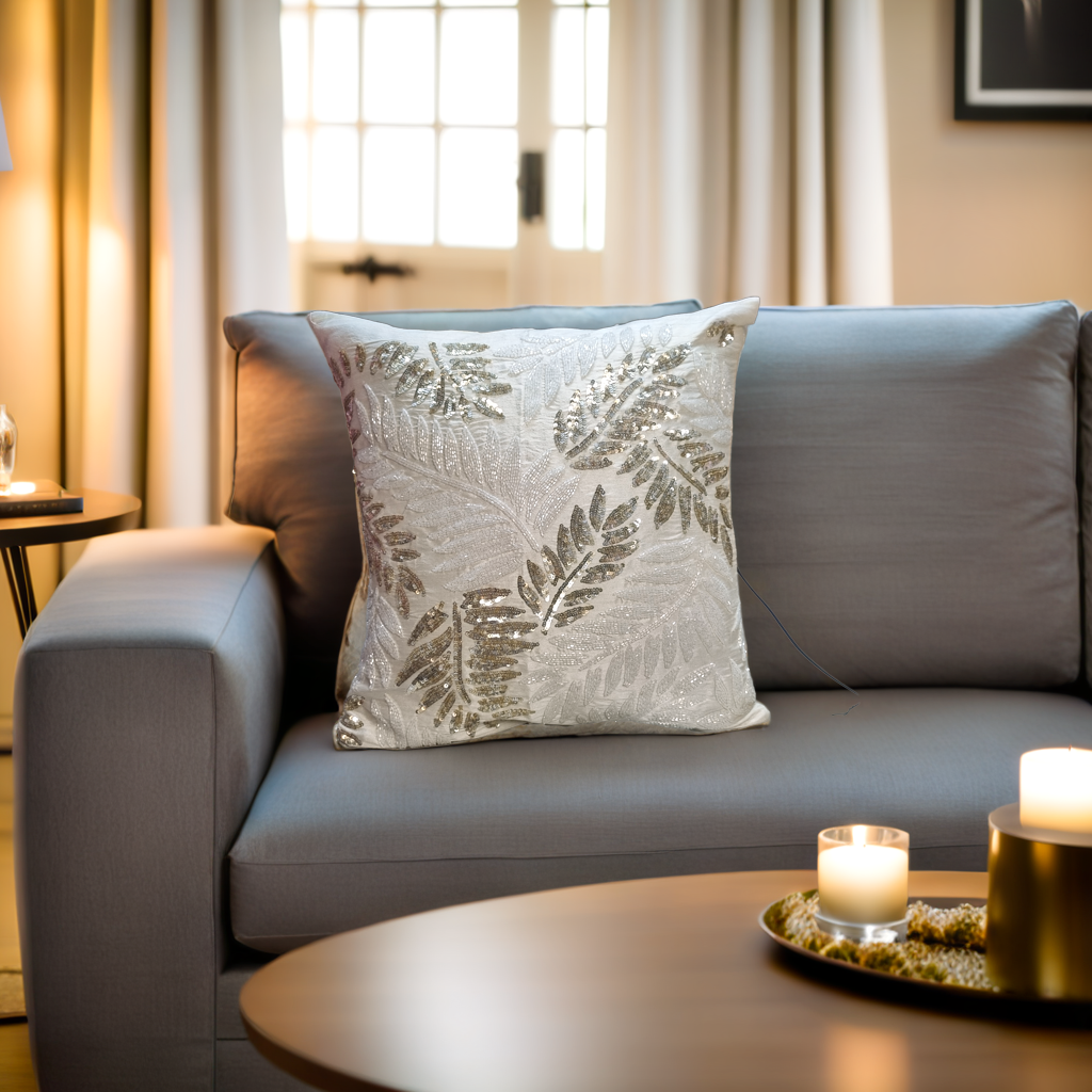 Blossoms-Home & beyond| Beautiful Cushion Cover 16 inch x 16 inch with sequin Work, Sofa Pillow Cover, Embroidery Cushion Cover , Sequin Cushion Cover, Designer Pillow for Room décor