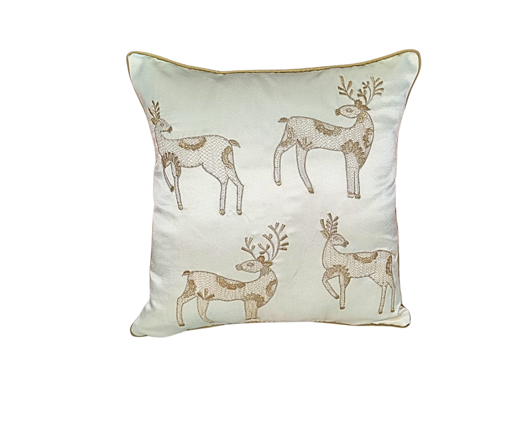 Blossoms Premium ultra luxury designer Cushion cover with glace cotton fabric . Off white fabric with Animal zari golden embroidery on it . 16x16 inch . Pack of 1 .