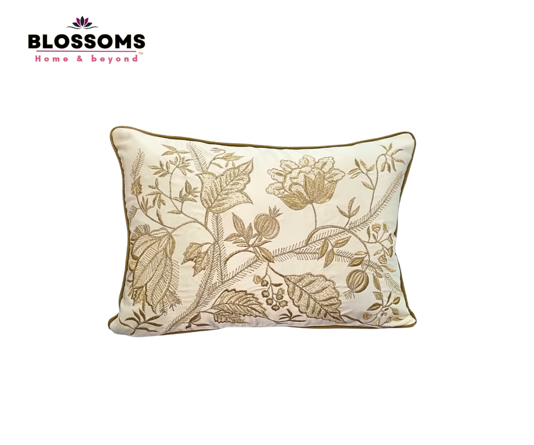 Blossoms Decorative Designer Cushion Cover |zari Embroidered work| 12x18 |inch, glace cotton satin Fabric|modern floral design . Set of 1 .