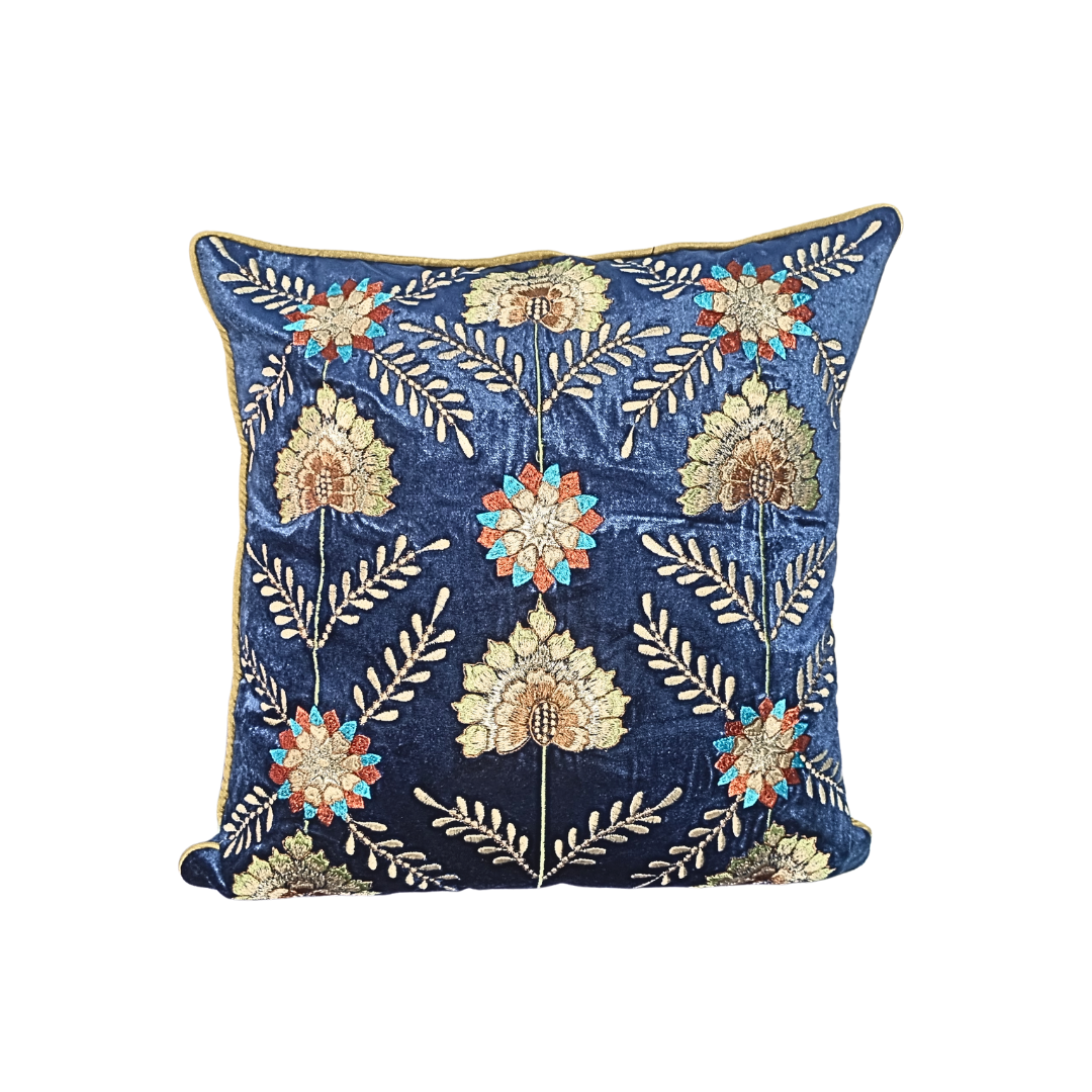 Blossoms Premium embroidery on a blue velvet cushion cover. 16x16 inch 1 unit.