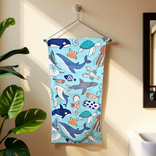 Blossoms kids "Blue sea animals" printed Towels | 100% Cotton towels| | safe for kids | big size -29x62 inch | set of 1 pc .