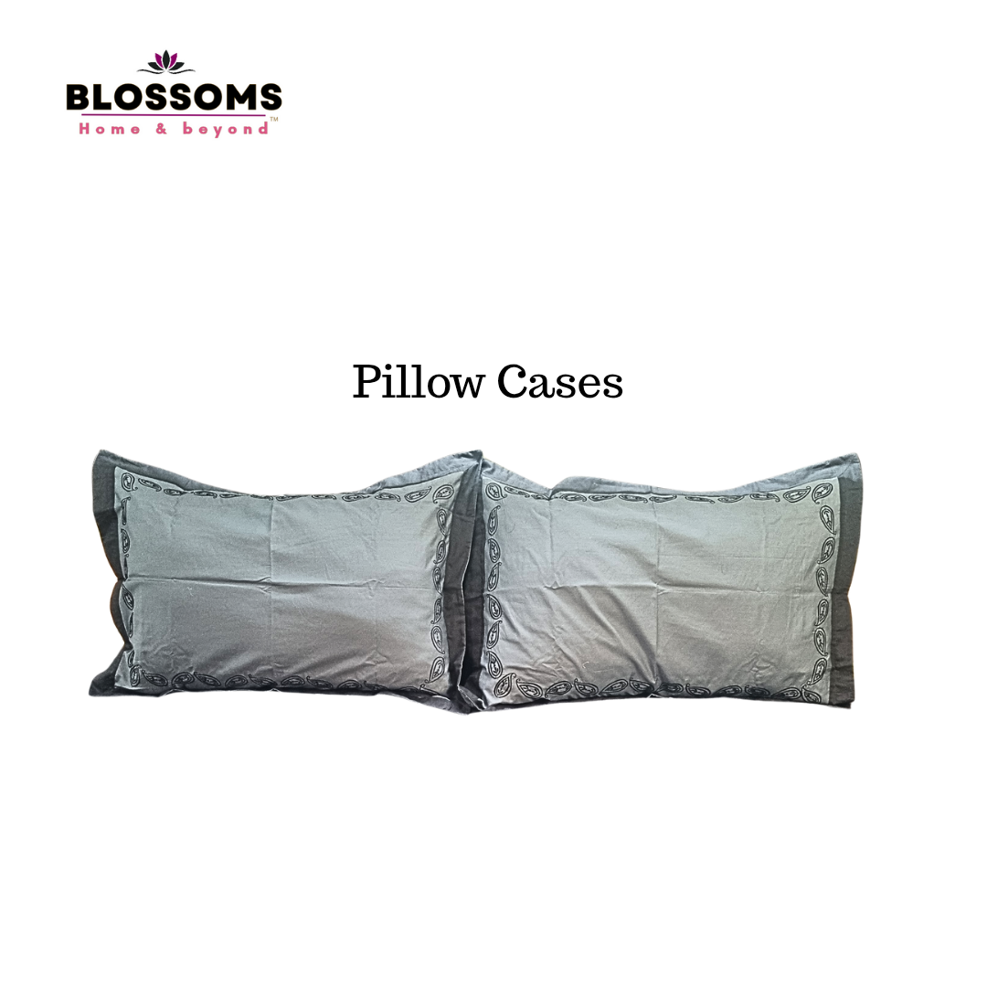 Blossoms Grey pure cotton paisley embroided bedsheet with embroided 2 pillow case.