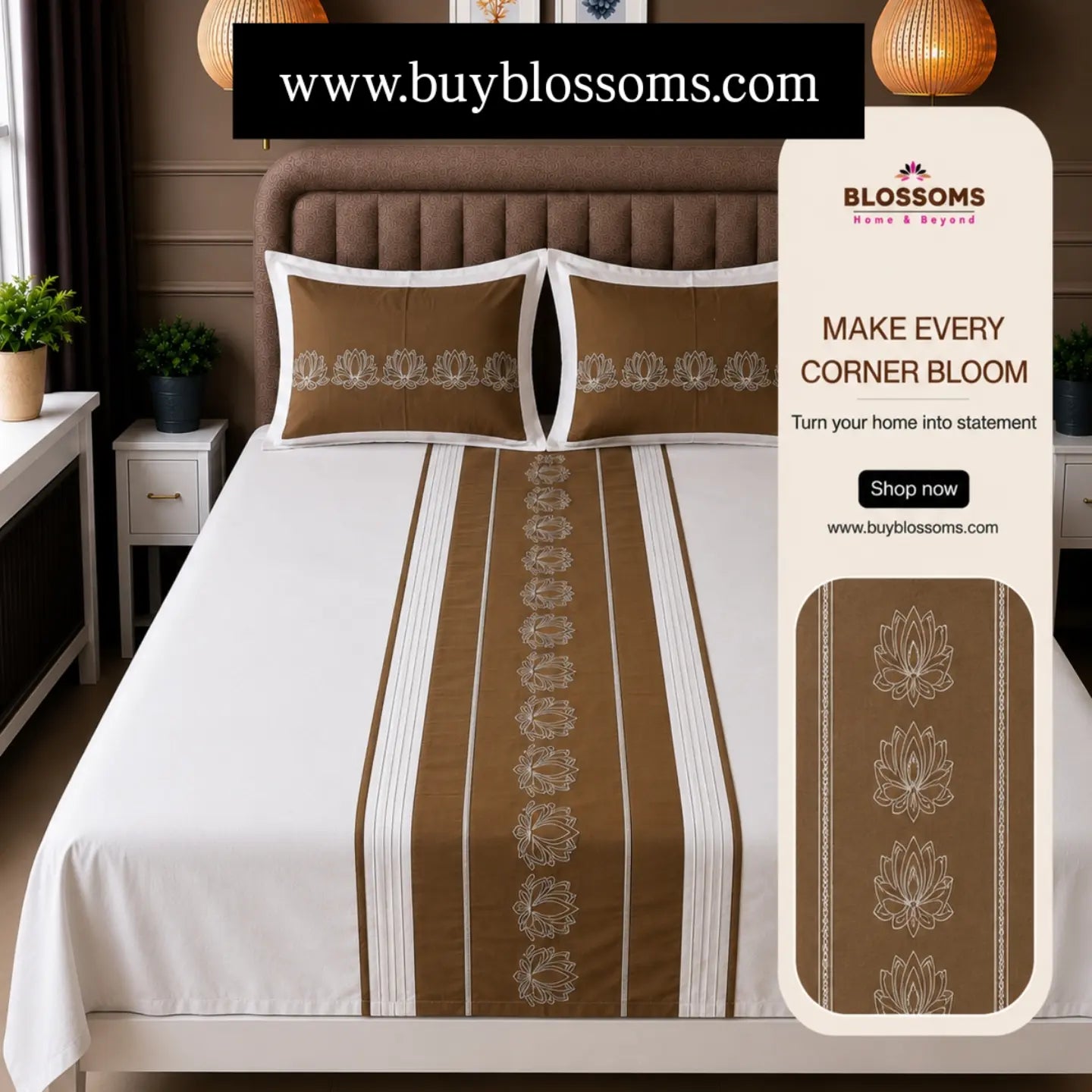 Blossoms embroidered designer bedsheet with 2 pillows .