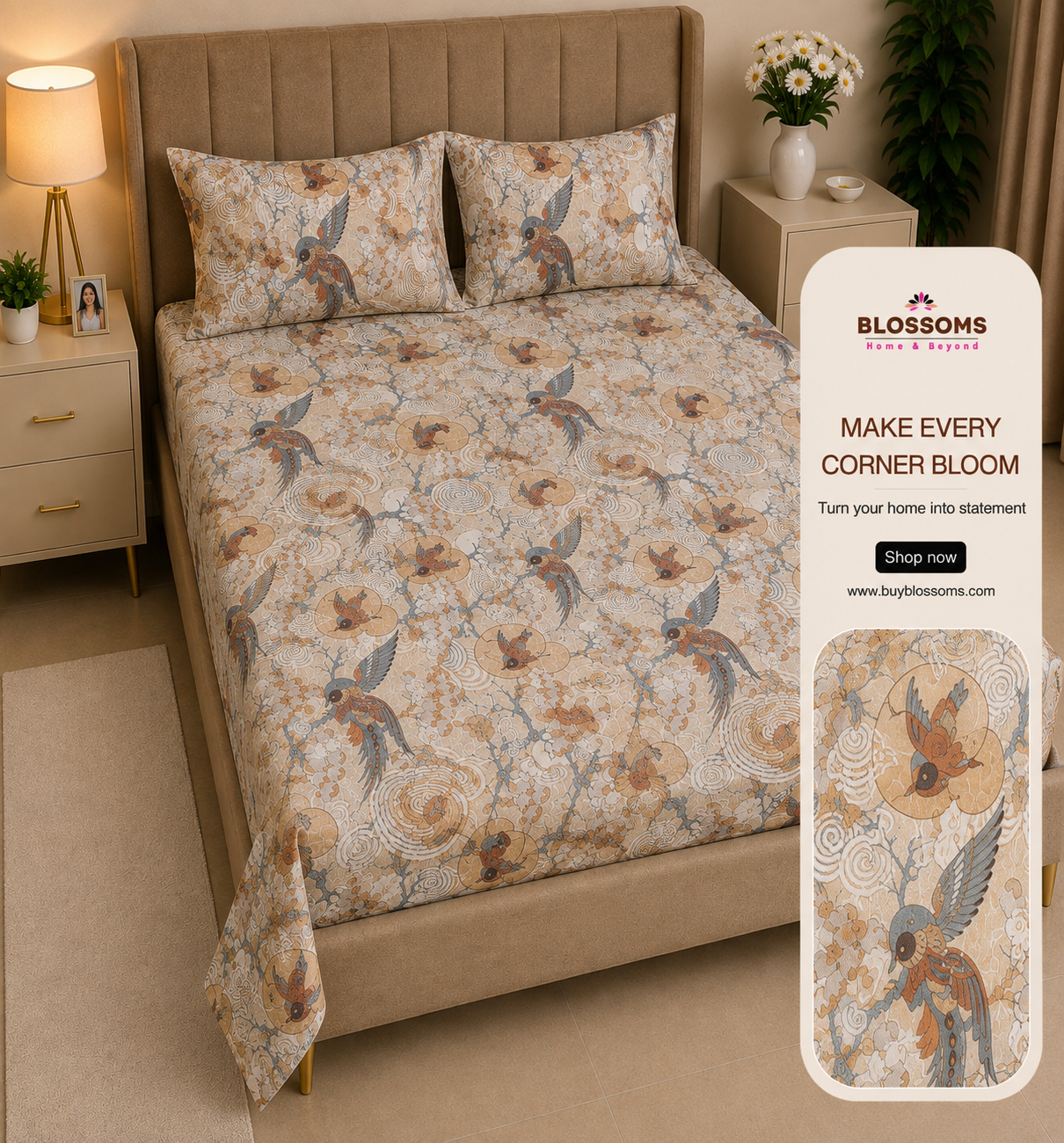Blossoms digital print pure cotton bedsheet with 2 pillow cases .