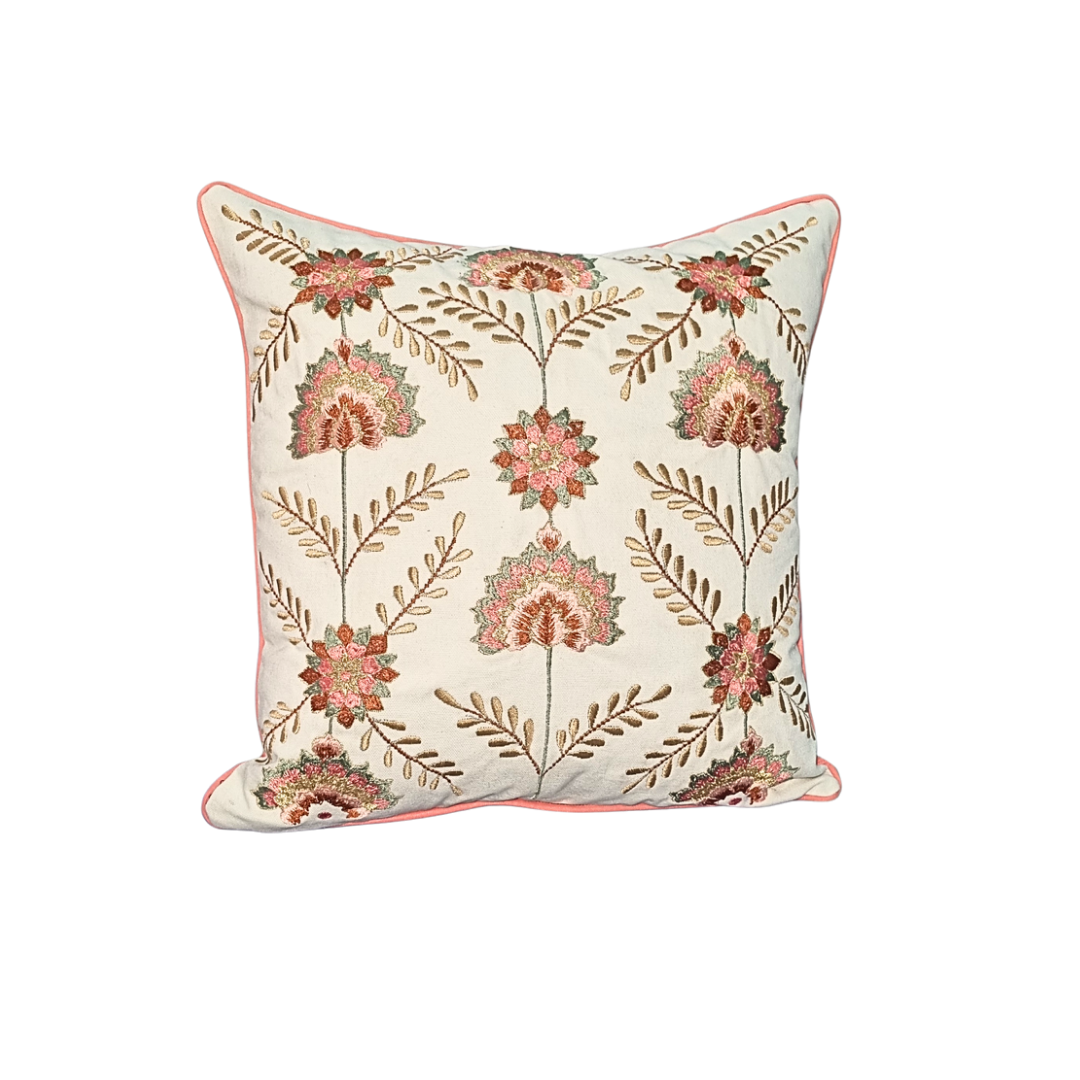 Blossoms Premium embroidery on a off white cushion cover. 16x16 inch 1 unit.