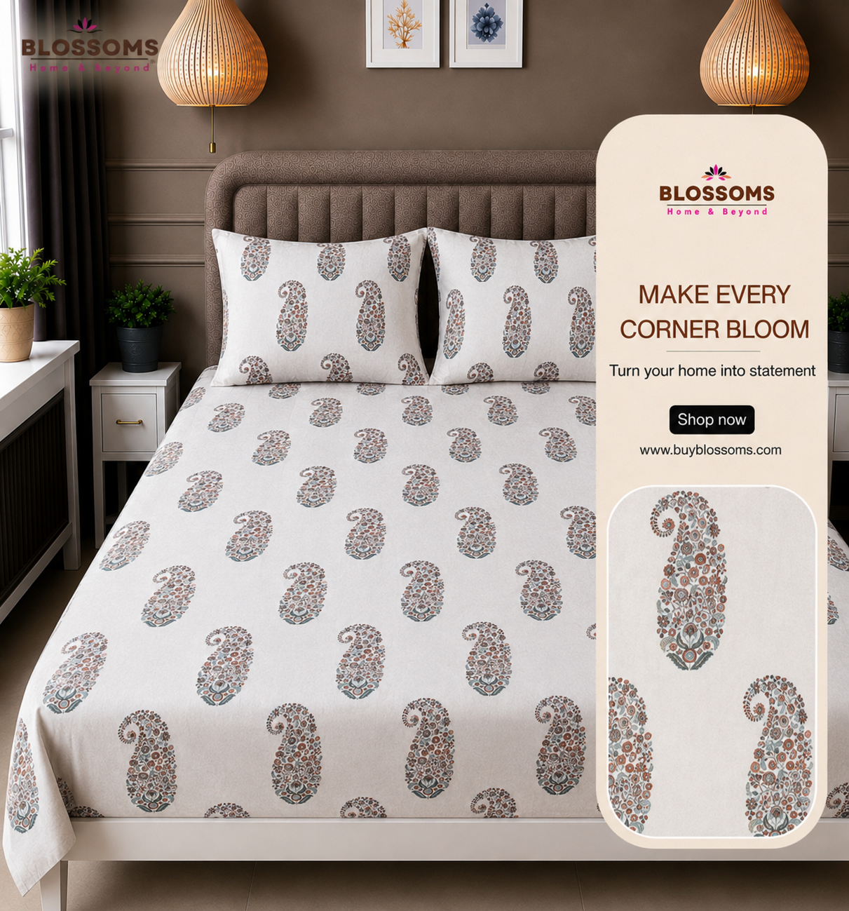 Blossoms Printed pure cotton bedsheet with 2 pillow cases .