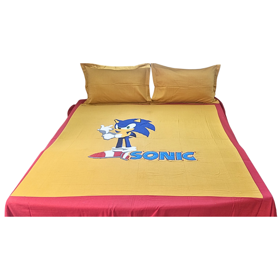 Blossoms kids mustard yellow pure double bed cotton bedsheet with sonic cartoon character embroided patch work with 2 pillows . Set of 3