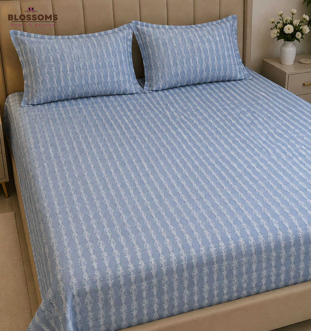 Blossoms Printed pure cotton bedsheet with 2 pillow cases .