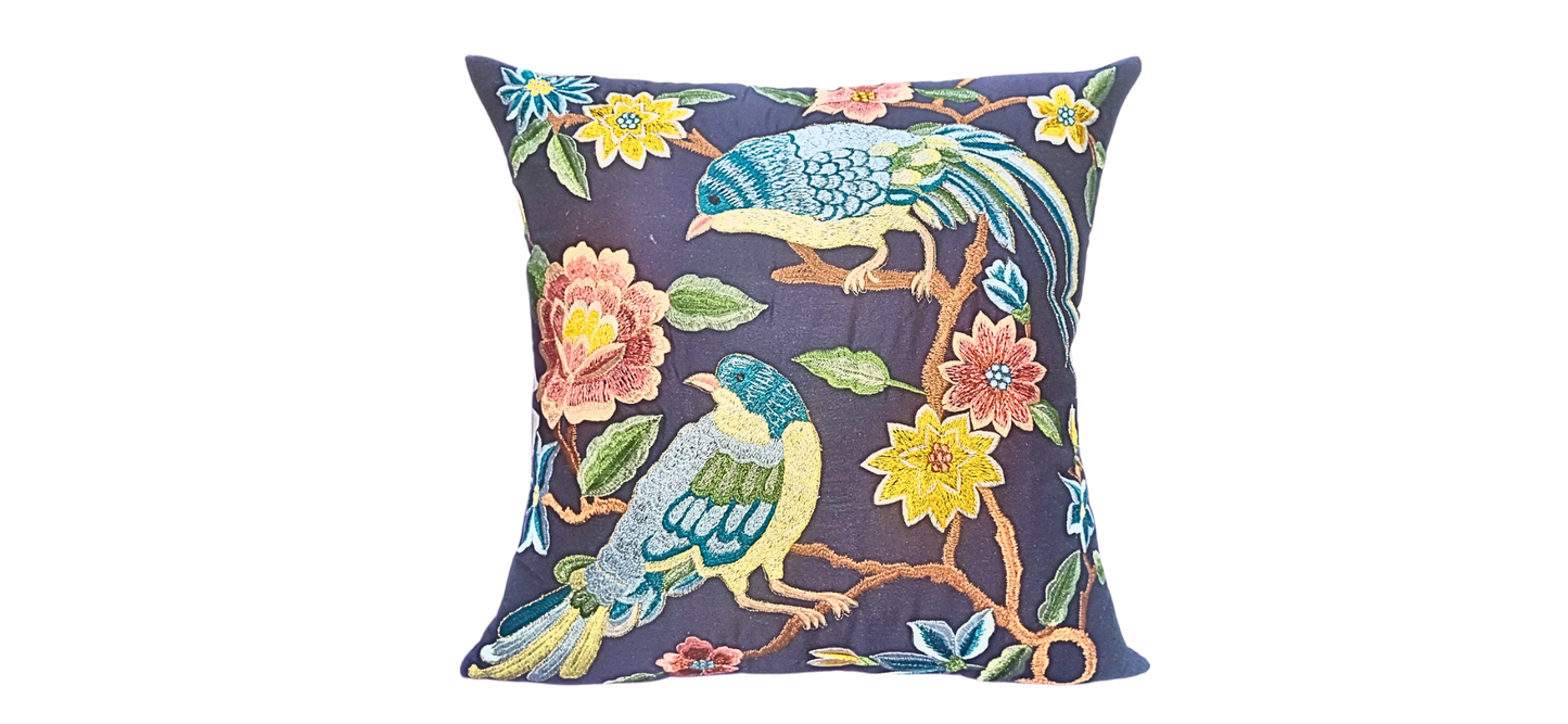 Blossoms Designer bird and floral embroidered cushion cover with blue fabric . Pack of 1 .
Size 16x16 inch
No filler included
Qty - 1 unit
Fabric - cotton