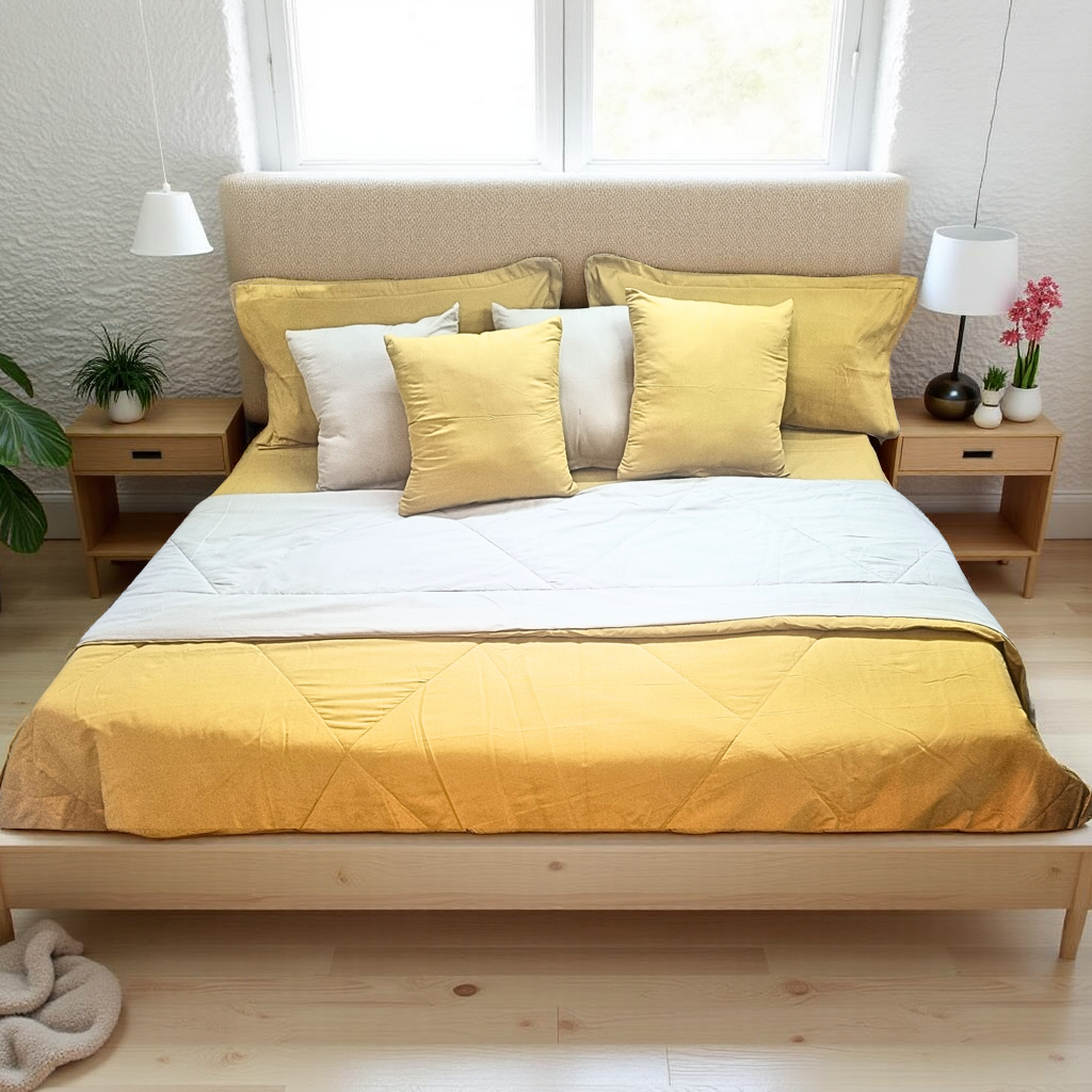 Blossoms 9 pc beige and off white bedding set with soft and durable micro cotton fabric . Includes 1 comforter(reversible) ,1 dohar reversible, 1 bedsheet , 2 pillows and 4 cushion covers only .