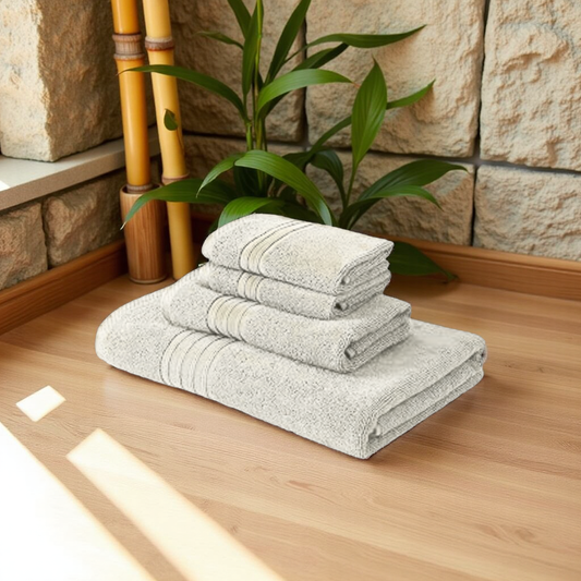 Blossoms 4 pc off white colour Towel set . |1 PC Bath Towel | 1 PC hand Towel| | 2 pcs Face Towel| |100% pure cotton|.
