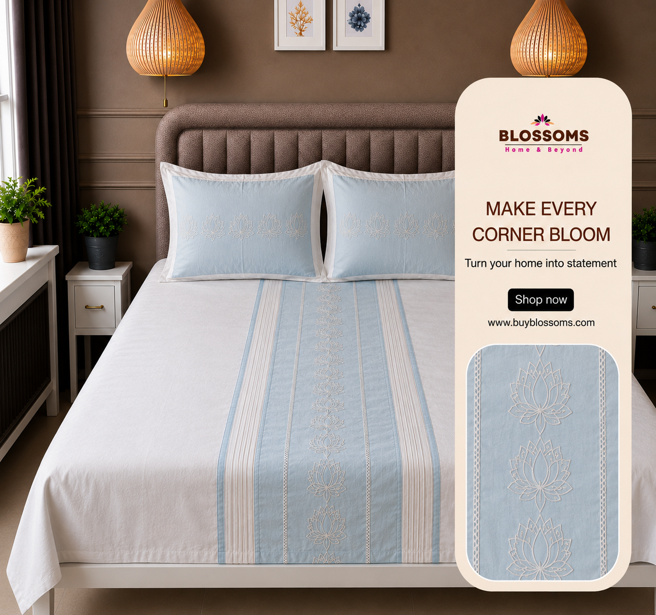 Blossoms embroidered designer bedsheet with 2 pillows (sky blue )