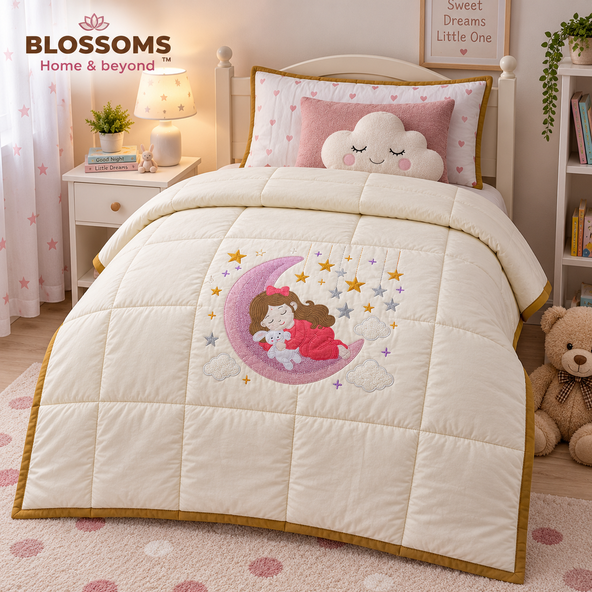 Blossoms kids embroidered patchwork quilt cum bedcover