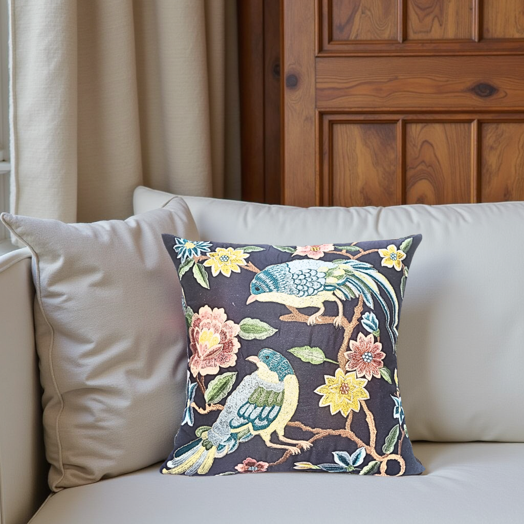 Blossoms Designer bird and floral embroidered cushion cover with blue fabric . Pack of 1 .
Size 16x16 inch
No filler included
Qty - 1 unit
Fabric - cotton