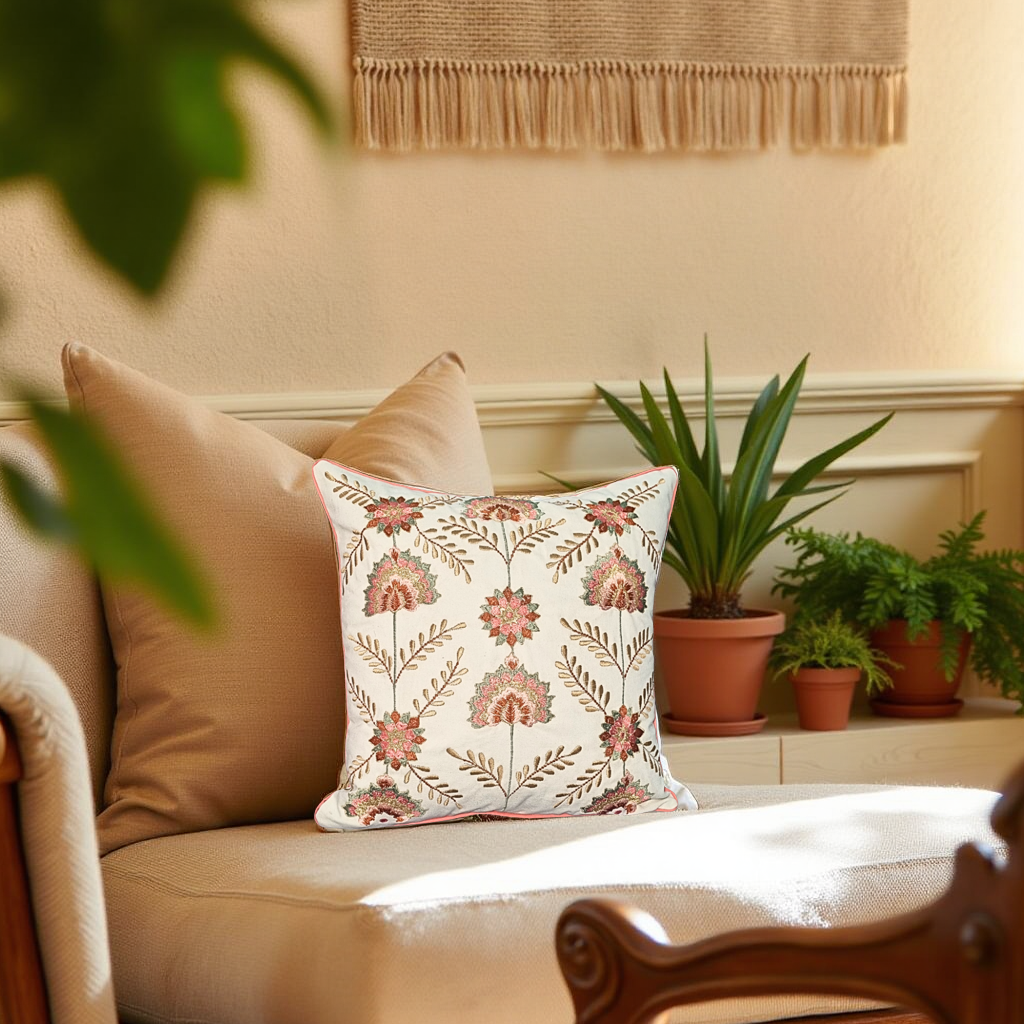 Blossoms Premium embroidery on a off white cushion cover. 16x16 inch 1 unit.