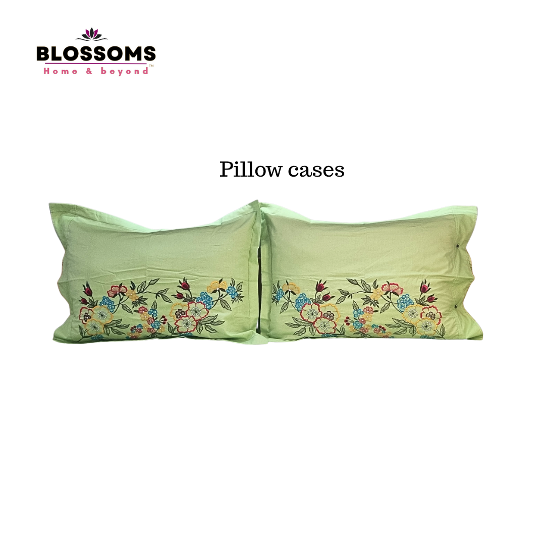 Blossoms embroidered bedsheet with embroided pillow covers. |2 pillow cases| |pure cotton | | big sizes|.