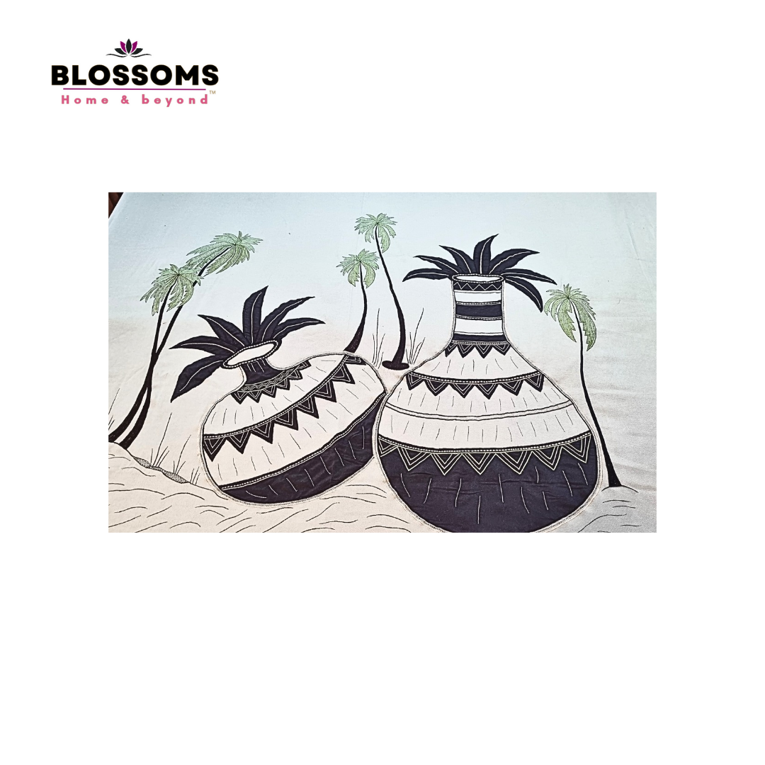 Blossoms pure cotton embroided patchwork bedsheet with kalash embroidery with 2 embroided pillow covers.