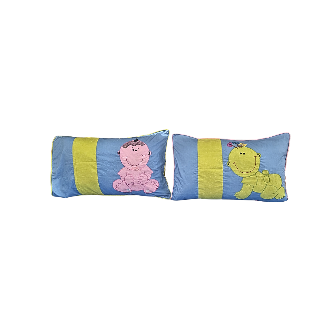 Blossoms kids sky blue pure cotton double bedsheet with cartoon character embroidered patch work with 2 pillows . Set of 3