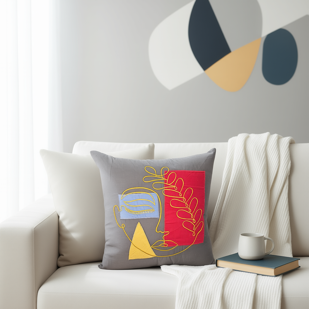 Blossoms embroidered Grey cotton Cushion Cover | 14*14 inch cushion covers| modern face art embroidery | pack of 1