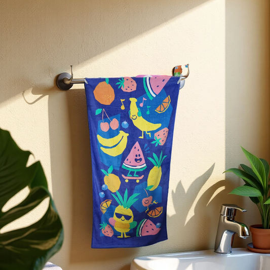 Blossoms kids "Happy Fruits" printed Towels | 100% Cotton towels| | safe for kids | big size - 29x62 inch | set of 1 pc .