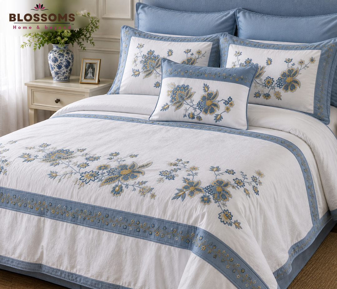 Blossoms designer quilted  embroidered bedcover with bedsheet and 2 pillow covers  . 100*100 inch . Total 4 pcs set