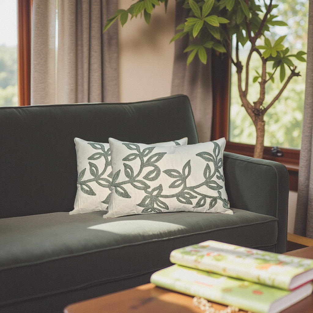Blossoms Pure cotton Auri work designer Cushion Cover . 12x18 inch , 1 pc.