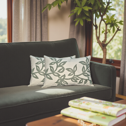 Blossoms Pure cotton Auri work designer Cushion Cover . 12x18 inch , 1 pc.