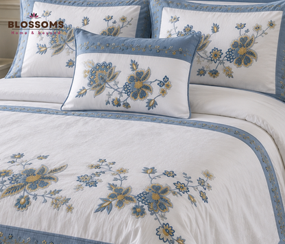 Blossoms designer quilted  embroidered bedcover with bedsheet and 2 pillow covers  . 100*100 inch . Total 4 pcs set