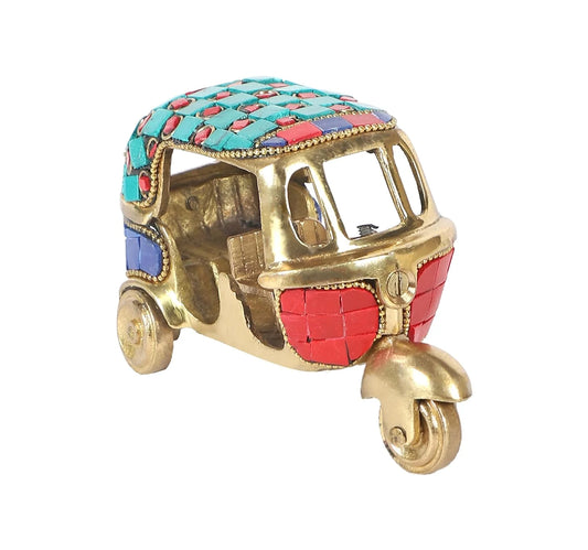 Dancing Gagemstone Work Vintage Style Brass Auto Rickshaw Miniature, Brass Decor Showpiece (4.5 X 2.4 X 3 Inches, Multicolored)