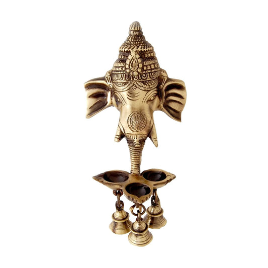 Ganesha Wall Hanging Diya With Bells For Home Decor, Brass Hanging Diyas Oil Lamp, Diwali, Brass Diya , Temple Decor, Standard, Pack Of 1 (594g)