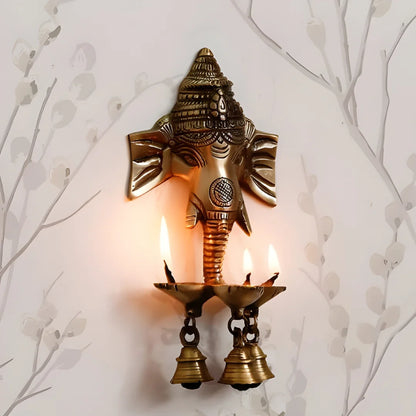 Ganesha Wall Hanging Diya With Bells For Home Decor, Brass Hanging Diyas Oil Lamp, Diwali, Brass Diya , Temple Decor, Standard, Pack Of 1 (594g)