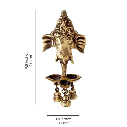 Ganesha Wall Hanging Diya With Bells For Home Decor, Brass Hanging Diyas Oil Lamp, Diwali, Brass Diya , Temple Decor, Standard, Pack Of 1 (594g)