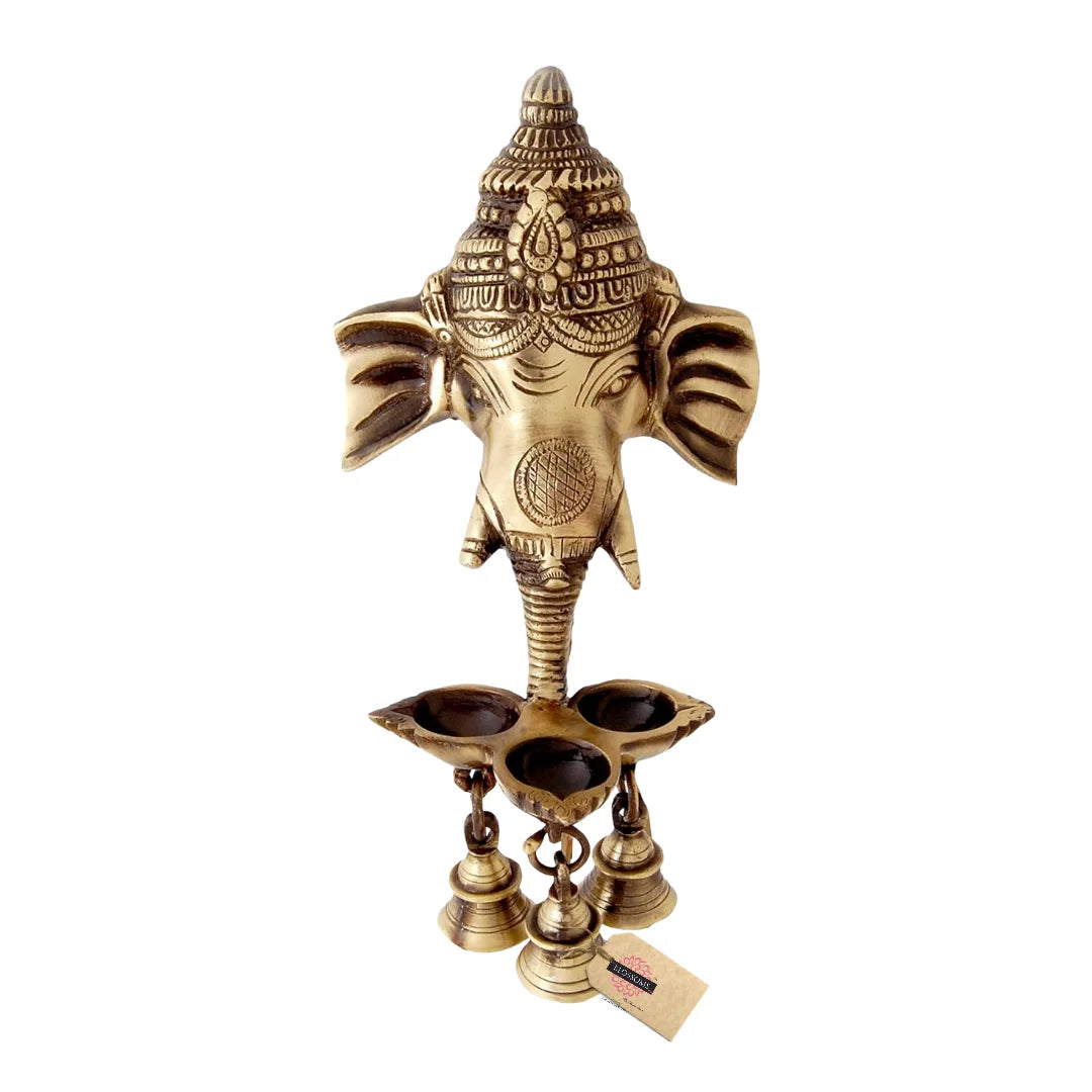 Ganesha Wall Hanging Diya With Bells For Home Decor, Brass Hanging Diyas Oil Lamp, Diwali, Brass Diya , Temple Decor, Standard, Pack Of 1 (594g)