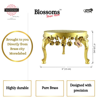 Elephant Pillar Design Handcrafted 6 Inches Brass Pooja Chowki With Bells, Antique Yellow, Weight - 1.5 Kg, Pack Of 1