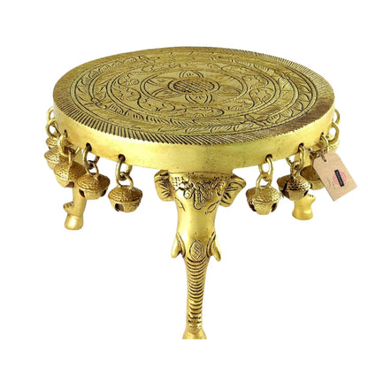 Elephant Pillar Design Handcrafted 6 Inches Brass Pooja Chowki With Bells, Antique Yellow, Weight - 1.5 Kg, Pack Of 1