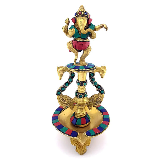 Dancing Ganesha Gemstone Work Brass Oil Diya, Multicolored, Standard (weight-976g)