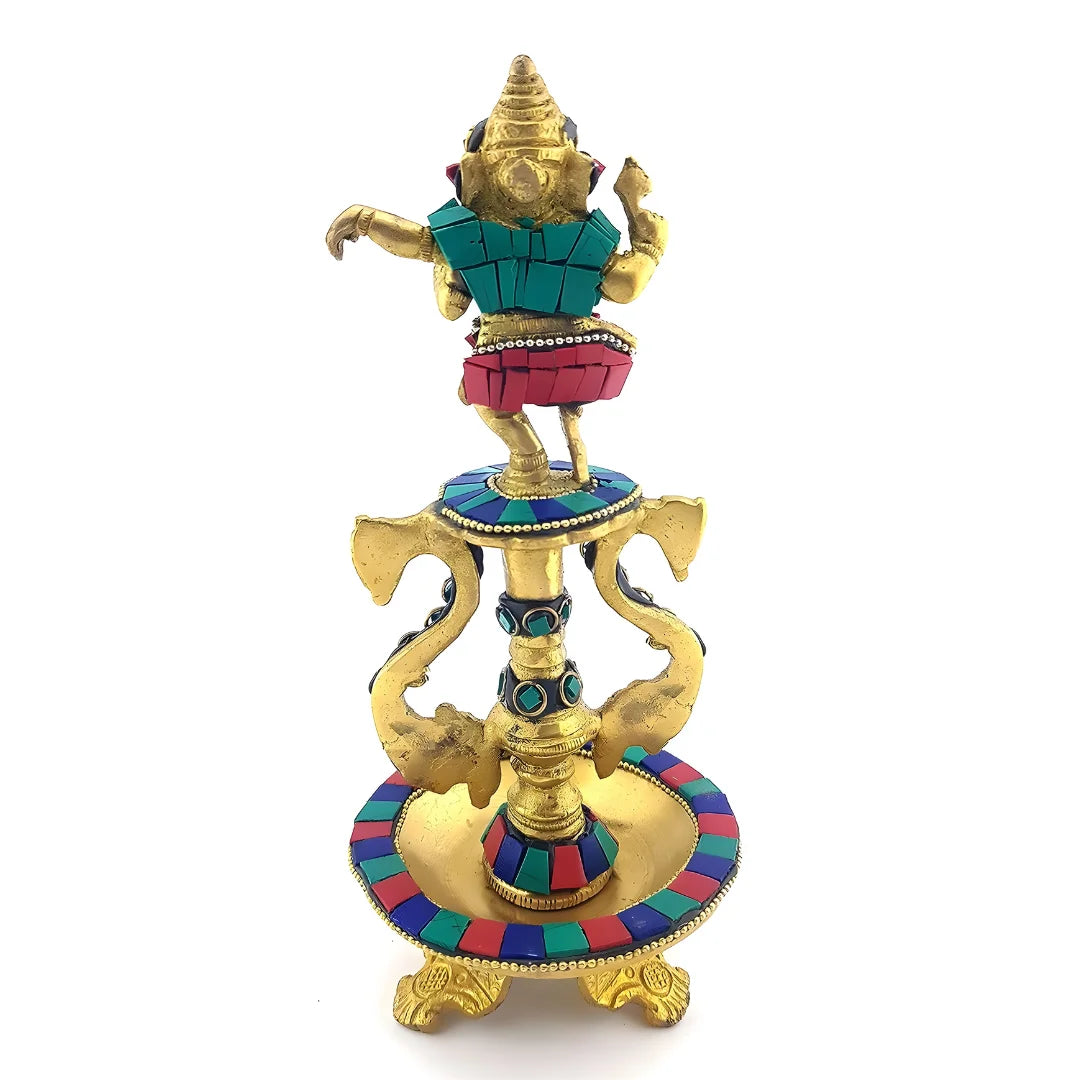 Dancing Ganesha Gemstone Work Brass Oil Diya, Multicolored, Standard (weight-976g)