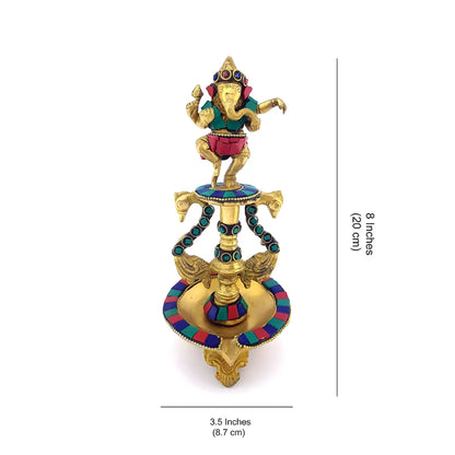 Dancing Ganesha Gemstone Work Brass Oil Diya, Multicolored, Standard (weight-976g)