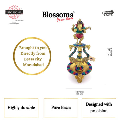 Dancing Ganesha Gemstone Work Brass Oil Diya, Multicolored, Standard (weight-976g)