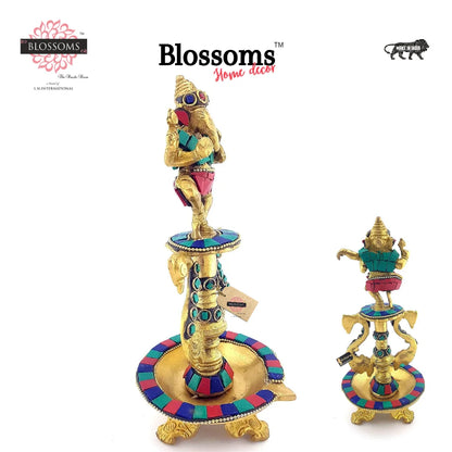 Dancing Ganesha Gemstone Work Brass Oil Diya, Multicolored, Standard (weight-976g)