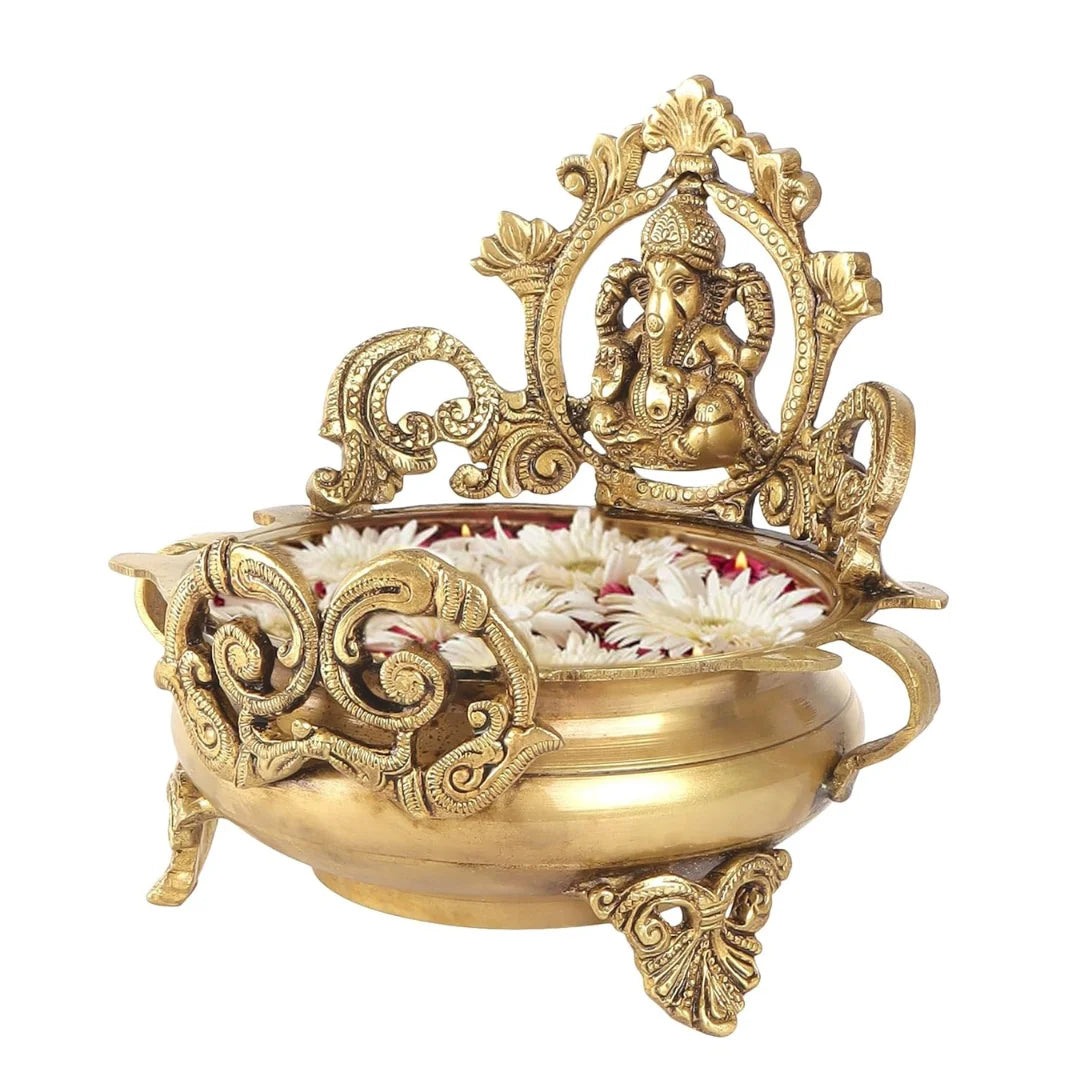 Brass Ethnic Carved Ganesha Design 7 Inches Brass Urli Decor Bowl, Golden, Home Decor, Flower Decoration, Brass Pot, Brass Bowls, Pack Of 1 (Weight-1.1Kg)