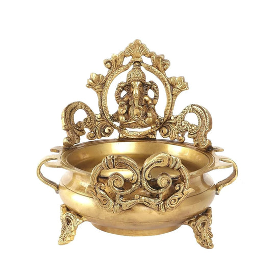 Brass Ethnic Carved Ganesha Design 7 Inches Brass Urli Decor Bowl, Golden, Home Decor, Flower Decoration, Brass Pot, Brass Bowls, Pack Of 1 (Weight-1.1Kg)