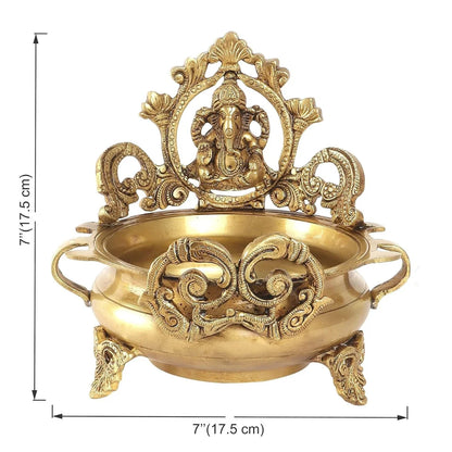 Brass Ethnic Carved Ganesha Design 7 Inches Brass Urli Decor Bowl, Golden, Home Decor, Flower Decoration, Brass Pot, Brass Bowls, Pack Of 1 (Weight-1.1Kg)