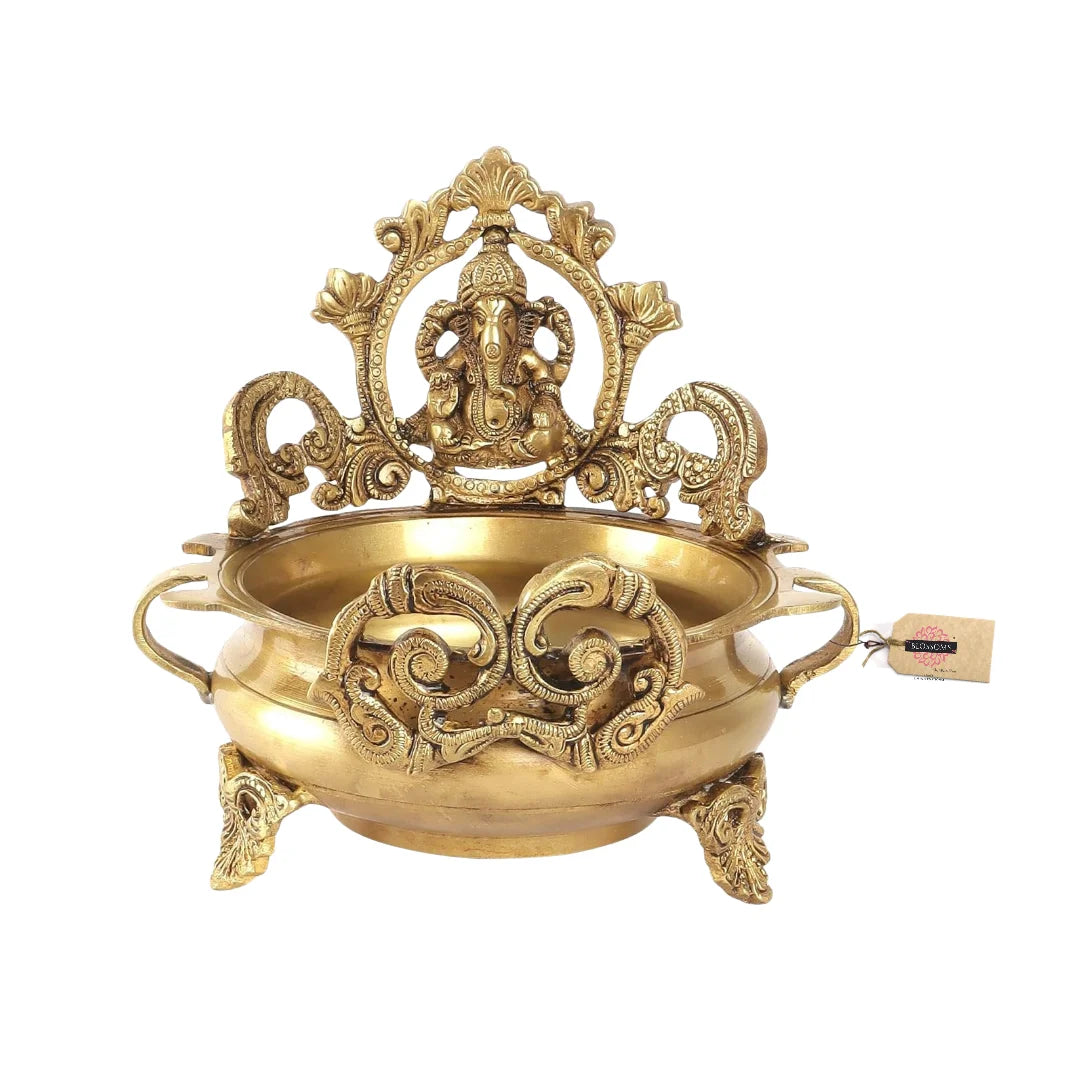 Brass Ethnic Carved Ganesha Design 7 Inches Brass Urli Decor Bowl, Golden, Home Decor, Flower Decoration, Brass Pot, Brass Bowls, Pack Of 1 (Weight-1.1Kg)