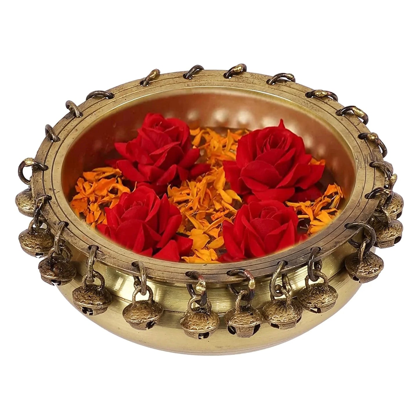 Pure Brass Urli Traditional Bowl Showpiece, Standard, Natural Brass, Antique Yellow, 1 Piece, Weight 1.8Kg) Best for Pooja Room, Diwali & Home Decor