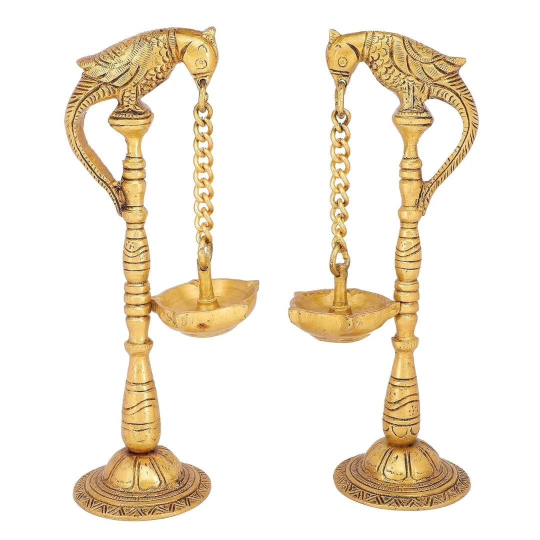 Parrot Design 7.5 Inches Brass Hanging Diya Pair (Pack Of 2), Antique Yellow, Standard