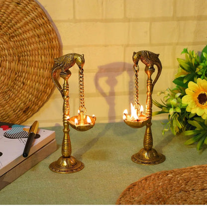 Parrot Design 7.5 Inches Brass Hanging Diya Pair (Pack Of 2), Antique Yellow, Standard