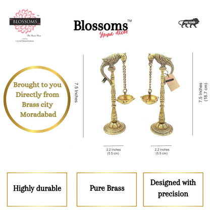 Parrot Design 7.5 Inches Brass Hanging Diya Pair (Pack Of 2), Antique Yellow, Standard