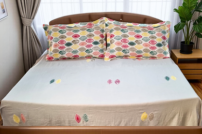 Blossoms cotton very durable bedcover with leaf embroidery and printed pillow covers . Set of 3 pcs. Big size .